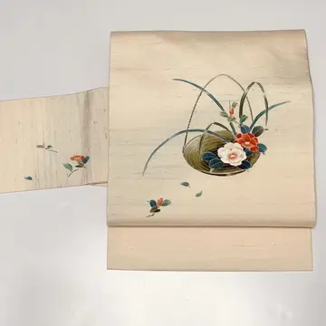 우시쿠비츠무기 손그림 유젠 순수 실크 중고 나고야 오비 구스운 옅은 핑크