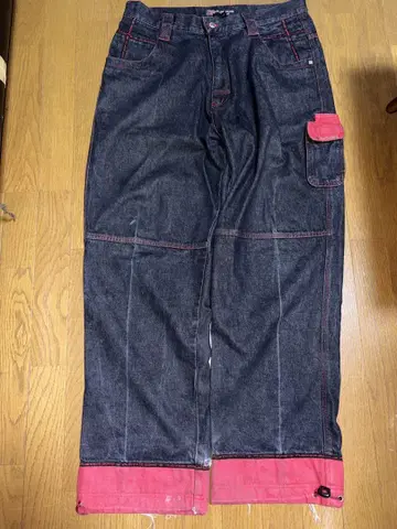 다크 블루 핑크 롤업 데님 팬츠