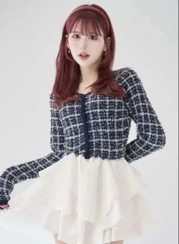 Darich 볼륨 프릴 트위드 니트 미니 원피스 네이비 FL