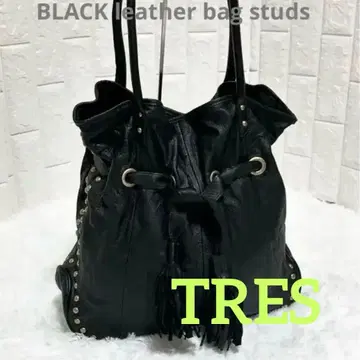 TRES 블랙 스터드 프린지 가죽 A4 y2k