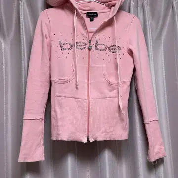 BEBE 여성용 반짝이는 큐빅 로고 핑크 타이트 후드티