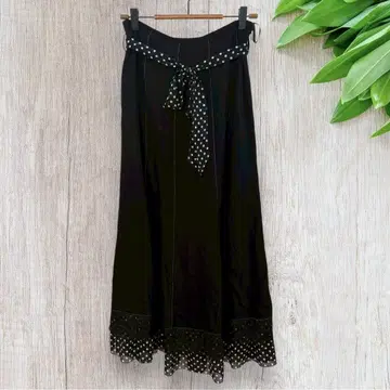 LA DUREE 롱 스커트 레이스 리본 도트 무늬 블랙
