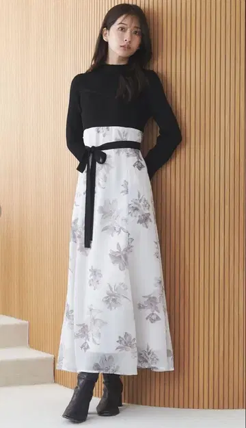 MARCURYDUO 플라워 도킹 롱 슬리브 원피스