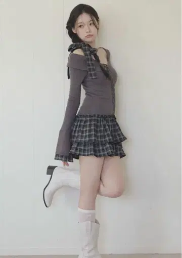 BUBBLES 체크 리본 원숄 원피스