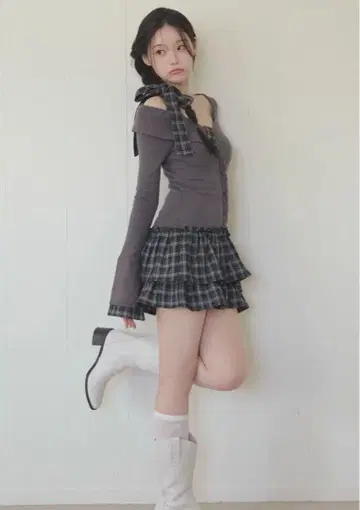 BUBBLES 체크 리본 원숄 원피스