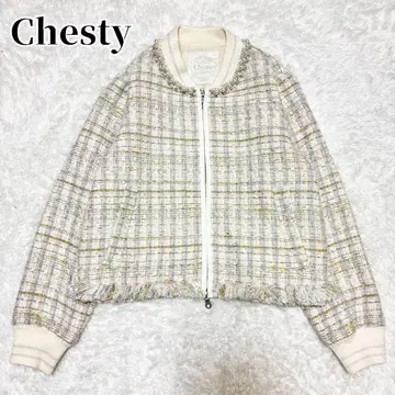 Chesty 트위드 펄 비쥬 핑크 라메 자켓 블루종