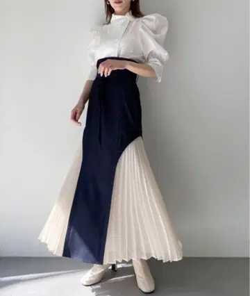 snidel 배색 디자인 플레어 플리츠 스커트 데님풍