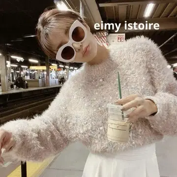 EIMY ISTOIRE 니트 페더 리본 펄 볼륨 슬리브