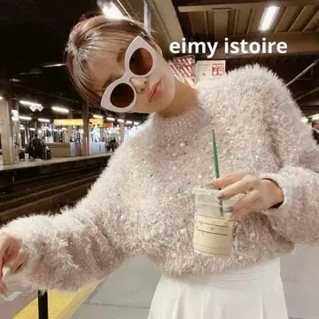 EIMY ISTOIRE 니트 페더 리본 펄 볼륨 슬리브