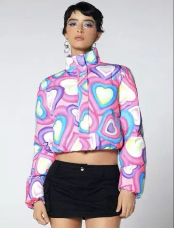 SHEIN 다운 자켓 하트 무늬 패딩 집업 코트 핑크 L