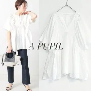 새상품급 A PUPIL 퍼프 슬리브 스트라이프 블라우스 화이트 S 레사주