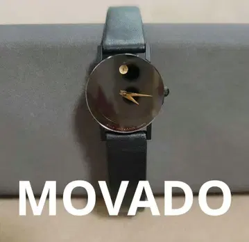 MOVADO 블랙 가죽 쿼츠 손목시계 골드 바늘