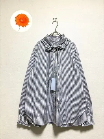 새상품 M 노리즈소피 브로드 프릴 셔츠 스트라이프 패턴 화이트 네이비