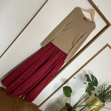 allureville 베이지 리브 니트 yae 빨간색 롱 스커트 셋업