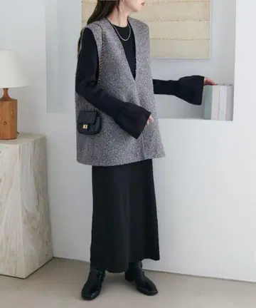 Discoat 베스트 부착 리브 니트 셋업