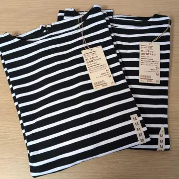 보트넥 워싱 굵은 실 9부 소매 T M 블랙 화이트 보더 MUJI