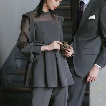 그레이 쉬폰 플레어 슬리브 팬츠 셋업 M 사이즈