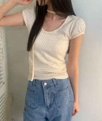 도트 무늬 반팔 T셔츠 리본 포함