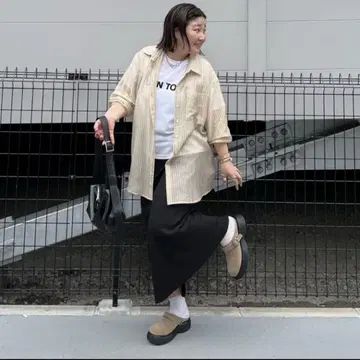 디스코트 discoat 시어 스트라이프 셔츠 긴팔 베이지 프리