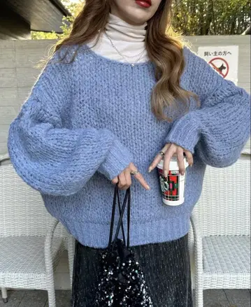 택 포함 새상품 플리마켓 메쉬 볼륨 니트 블루