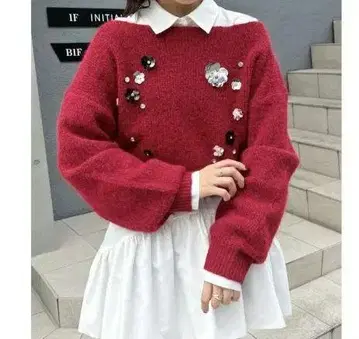 치코 새상품 보르도 레드 스팽글 니트