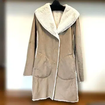 베이지 인조 모피 옷깃 무스탕 코트