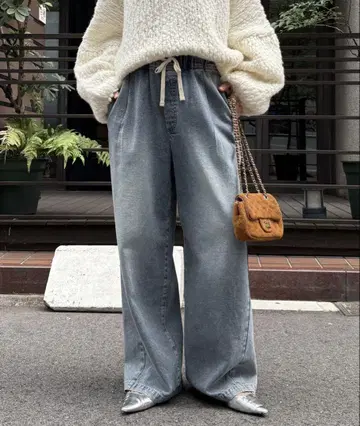 DouDou* 블루 데님 와이드 이지 팬츠