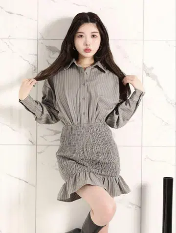다리치 셔링 셔츠 미니 원피스