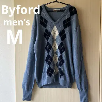 Byford V넥 스웨터 아가일 무늬 파란색 울 100% 빈티지