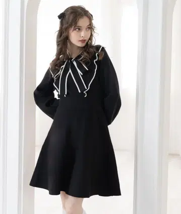 DearMyLoveRose 보타이 니트 플레어 원피스 블랙