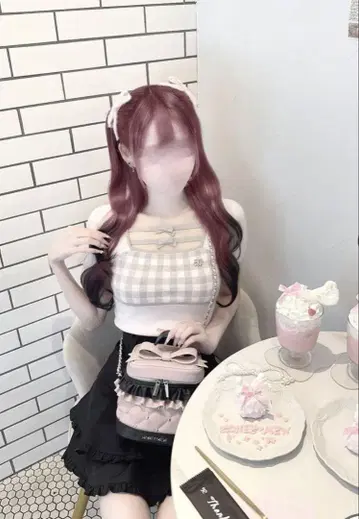 미셸 마카롱 더블 체크 리본 상의 핑크