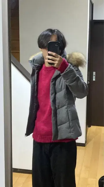 퍼 달린 다운 자켓 그레이 Y2K 그런지 갸루 짧은 기장 시크 스타일