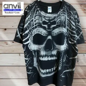 00s anvil 2장 파랑 택 스컬 프린트 T셔츠 블랙