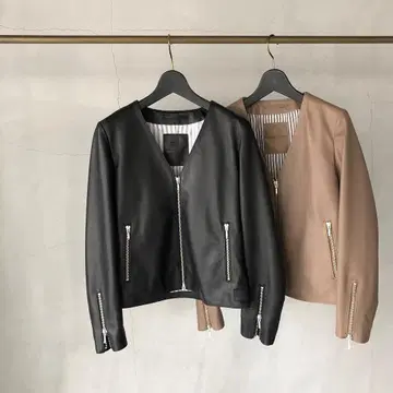 V넥 천연 가죽 자켓 블랙