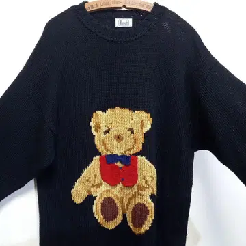 80s 90s Harrods 테디베어 로우 게이지 핸드 니트 스웨터