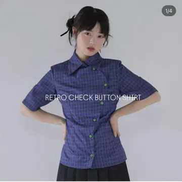 Uenui 레트로 체크 버튼 셔츠