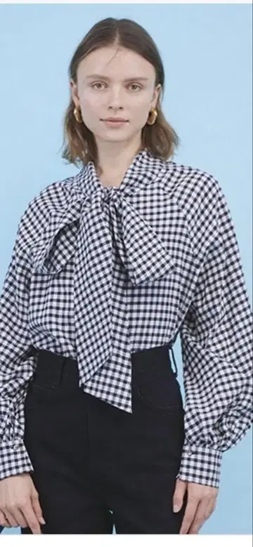 Mila Owen 리본 타이 볼륨 슬리브 블라우스 깅엄 체크