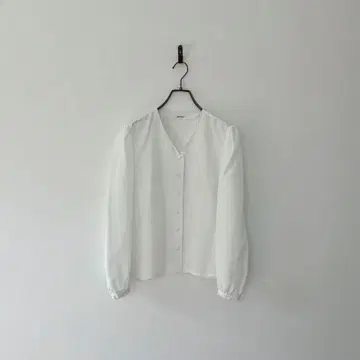 구제 의류 노카라 블라우스 무지 화이트 퍼프 슬리브 포멀 세레모니 레트로