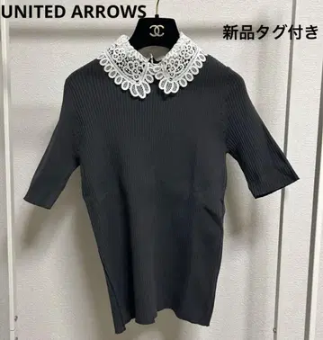 [새상품] UNITED ARROWS 레이스 카라 부착 반팔 니트