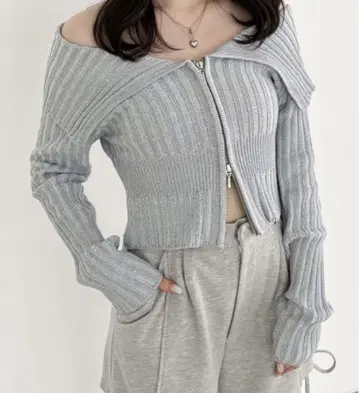 Heather WZIP 더블 지퍼 랜덤 리브 니트 오프숄더 니트