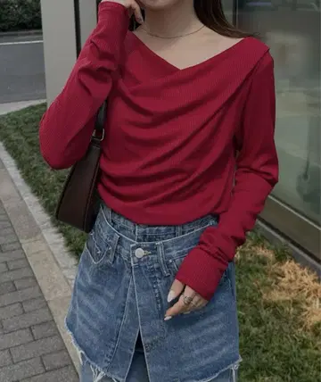 RANAN 2WAY 드레이프 오프숄더 리브 롱T 새상품 레드 티셔츠 M