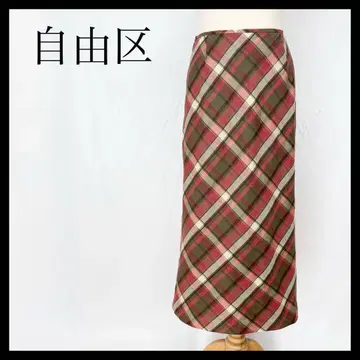자유구 롱 스커트 타이트 스커트 체크 지퍼 레드 그린 M