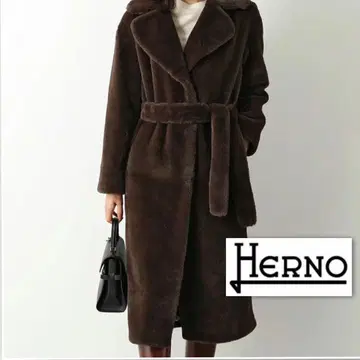 HERNO 다크 브라운 퍼 롱 코트 벨트 포함