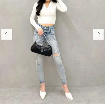 GYDA W 허리 데미지 스키니 데님 팬츠 XS 아이스 블루