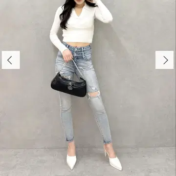 GYDA W 허리 데미지 스키니 데님 팬츠 S 사이즈 아이스 블루