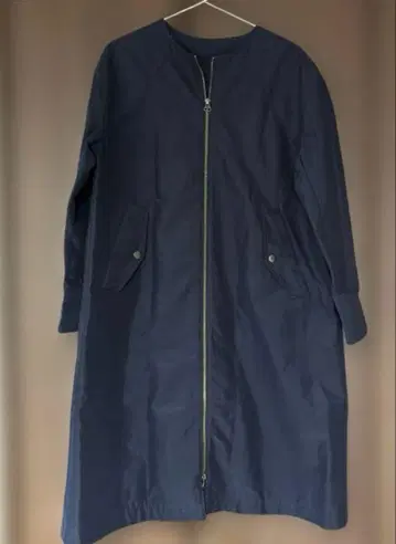 JOHNBULL 네이비 노카라 롱 코트 후드 부착