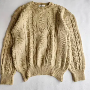 손뜨개질 핸드 니트 크루넥 스웨터 울 100% 케이블 니트 베이지