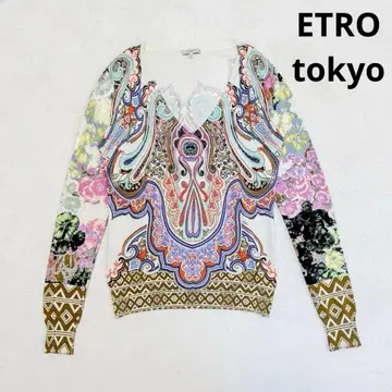 새상품급 에트로 실크 올 패턴 니트 V넥 아이보리 베이스 40 사이즈