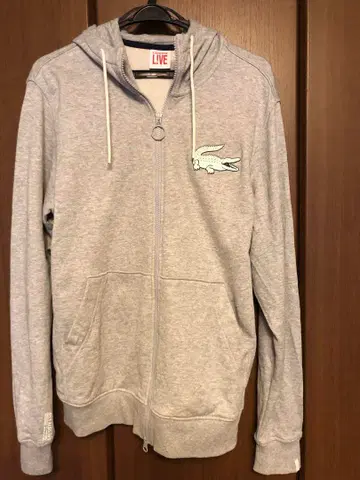 LACOSTE 후드 부착 후드티 US M 그레이 코튼 100%