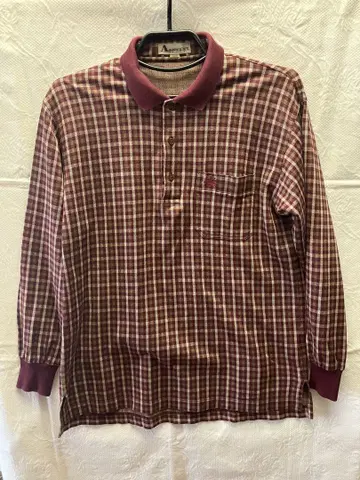 [일본제] Aquascutum 보르도 계열 체크 긴팔 피케 셔츠 L